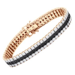 Men's White Black Diamond Tennis Bracelet 10K Rose Gold 3 Rows 1.85 Carat