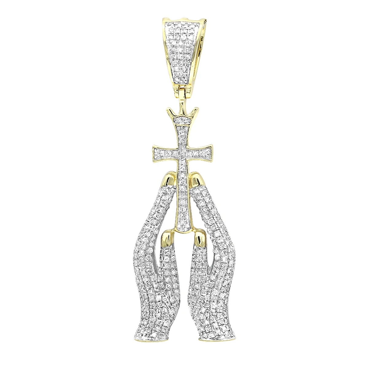 10K Yellow Gold Diamond Praying Hands And Cross Charm Pendant For Men 0.9 3 10K Yellow Gold Diamond Praying Hands And Cross Charm Pendant For Men 0.9