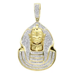 10K Yellow Gold Egyptian Pharaoh Head Diamond Pendant For Men 0.9ct