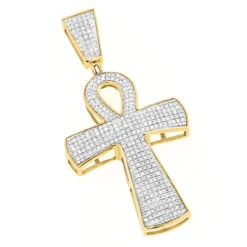 10K Yellow Gold Iced Out Egyptian Ankh Cross Diamond Symbol Of Life Pendant 0.85ct