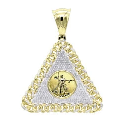 10K Yellow Gold Liberty Coin Cuban Link Triangle Diamond Pendant For Men 1.05ct