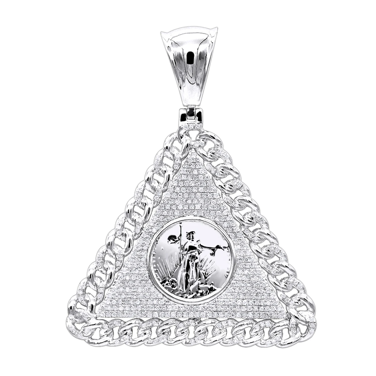 10K Yellow Gold Liberty Coin Cuban Link Triangle Diamond Pendant For Men 1.05ct 4 10K Yellow Gold Liberty Coin Cuban Link Triangle Diamond Pendant For Men 1.05ct - Image 2