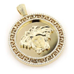10K Yellow Gold Medusa Medallion Versace Style Diamond Pendant 1.86ct