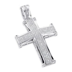10K White Gold Round Diamond Cross Pendant 1ct