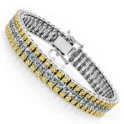 10K White Gold Three Row Diamond Bracelet Blue Yellow 1.75ct