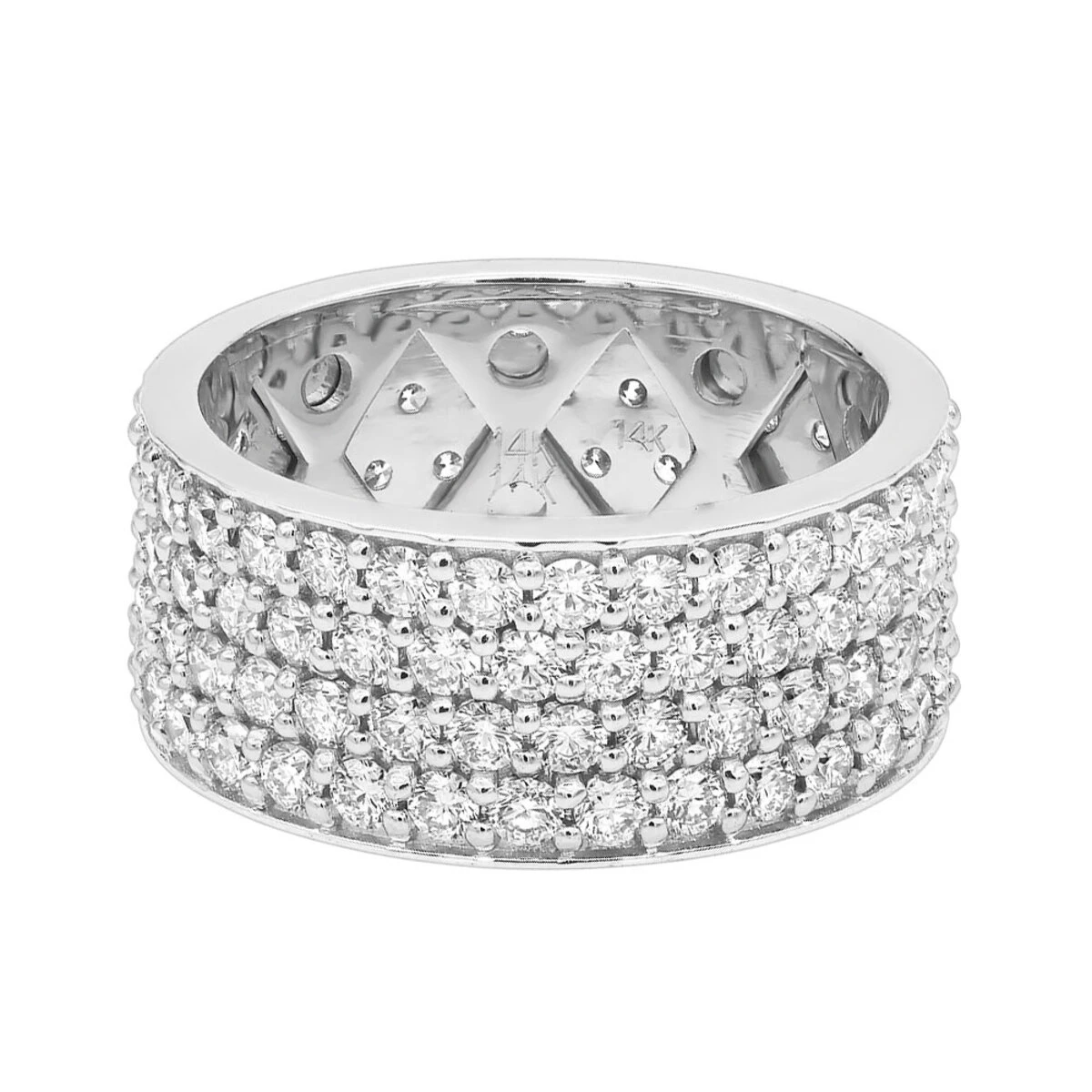 10mm Wide Band 14K White Gold 4 Rows Round Diamond Eternity Ring For Men & Women 5.5ct 6 10mm Wide Band 14K White Gold 4 Rows Round Diamond Eternity Ring For Men & Women 5.5ct - Image 4