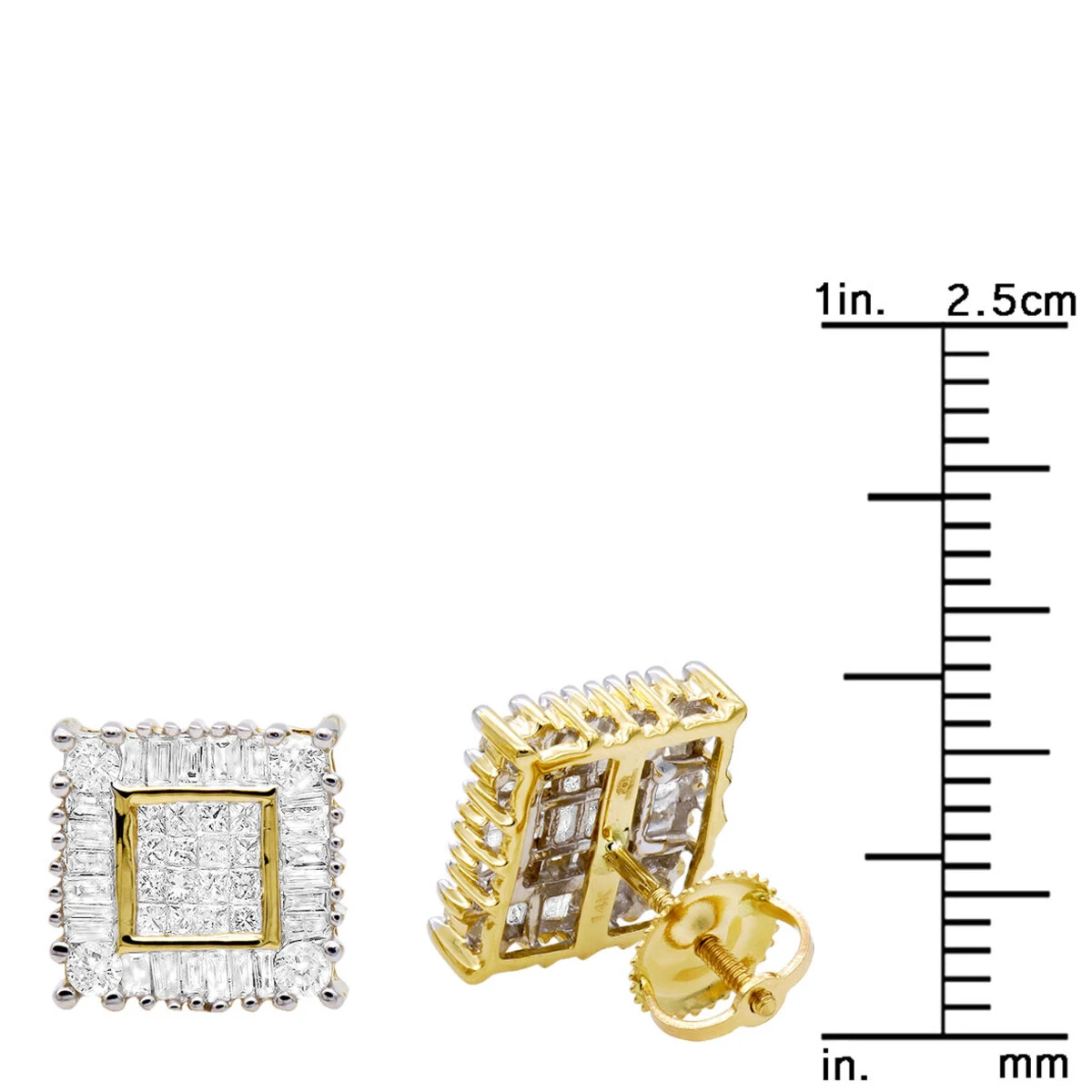 14K Yellow Gold Baguette Princess & Round Diamond Earrings 1.01ct 7 14K Yellow Gold Baguette Princess & Round Diamond Earrings 1.01ct - Image 5