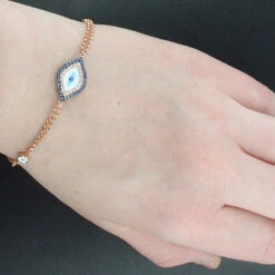 14K Rose Gold Diamond And Blue Sapphire Evil Eye Bracelet .14ct -H'Hen Sale Store 14k blue sapphire and diamond evil eye bracelet 14ct p 35841bod
