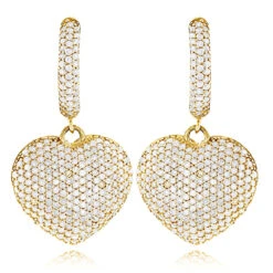 14K Yellow Gold Dangle Diamond Heart Earrings For Women 1.5ct