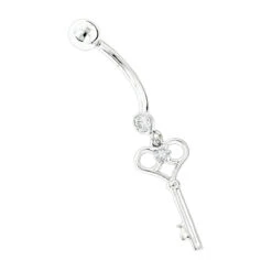 14K White Gold Dangling Key Diamond Belly Button Ring .14ct