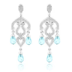 14K White Gold Diamond Chandelier Earrings Blue Topaz 0.37ct