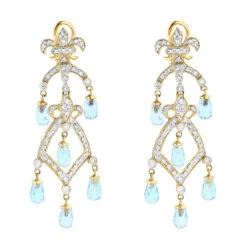 14K Yellow Gold Diamond Chandelier Earrings Blue Topaz 0.55ct