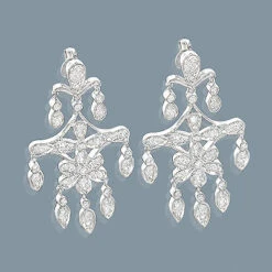14K White Gold Diamond Chandelier Earrings Flower Motif 0.71ct