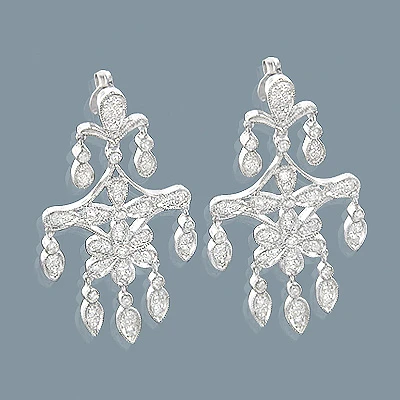 14K White Gold Diamond Chandelier Earrings Flower Motif 0.71ct 3 14K White Gold Diamond Chandelier Earrings Flower Motif 0.71ct