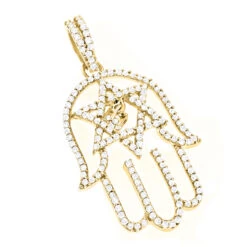 14K Yellow Gold Diamond Hamsa Star Of David Pendant 0.58ct