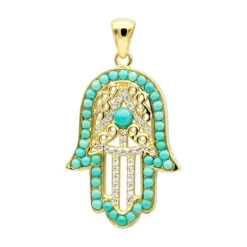 14K Yellow Gold Filigree Turquoise Diamond Hamsa Pendant 0.19ct