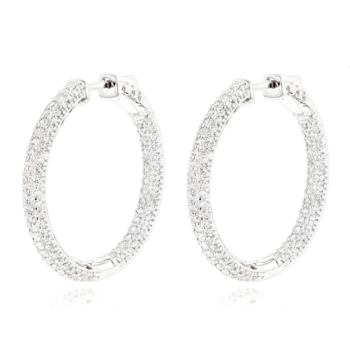 14K White Gold 1 3/8 Inch Diamond Hoop Earrings Inside Out 4.40ct 3 14K White Gold 1 3/8 Inch Diamond Hoop Earrings Inside Out 4.40ct