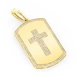 14K Yellow Gold Diamond Dog Tag Pendant With Cross Design 0.35ct