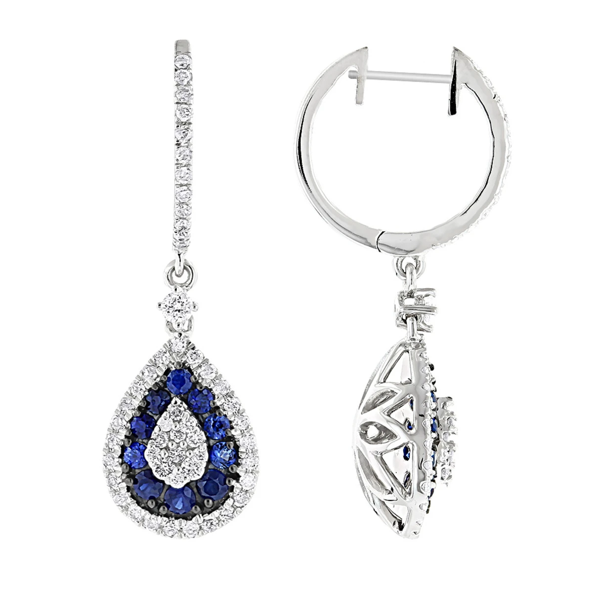 14K White Gold Blue Sapphire And White Diamond Drop Earrings For Women 2 Carats 3 14K White Gold Blue Sapphire And White Diamond Drop Earrings For Women 2 Carats