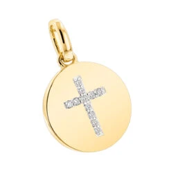 14K Yellow Gold Cross In A Circle Diamond Pendant 0.11ct