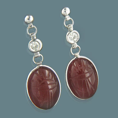 14K White Gold Diamond And Carnelian Scarab Earrings 0.25ct 3 14K White Gold Diamond And Carnelian Scarab Earrings 0.25ct