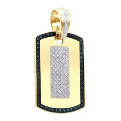 14K Yellow Gold Diamond Dog Tag Pendant White And Blue Diamonds 1.95ct