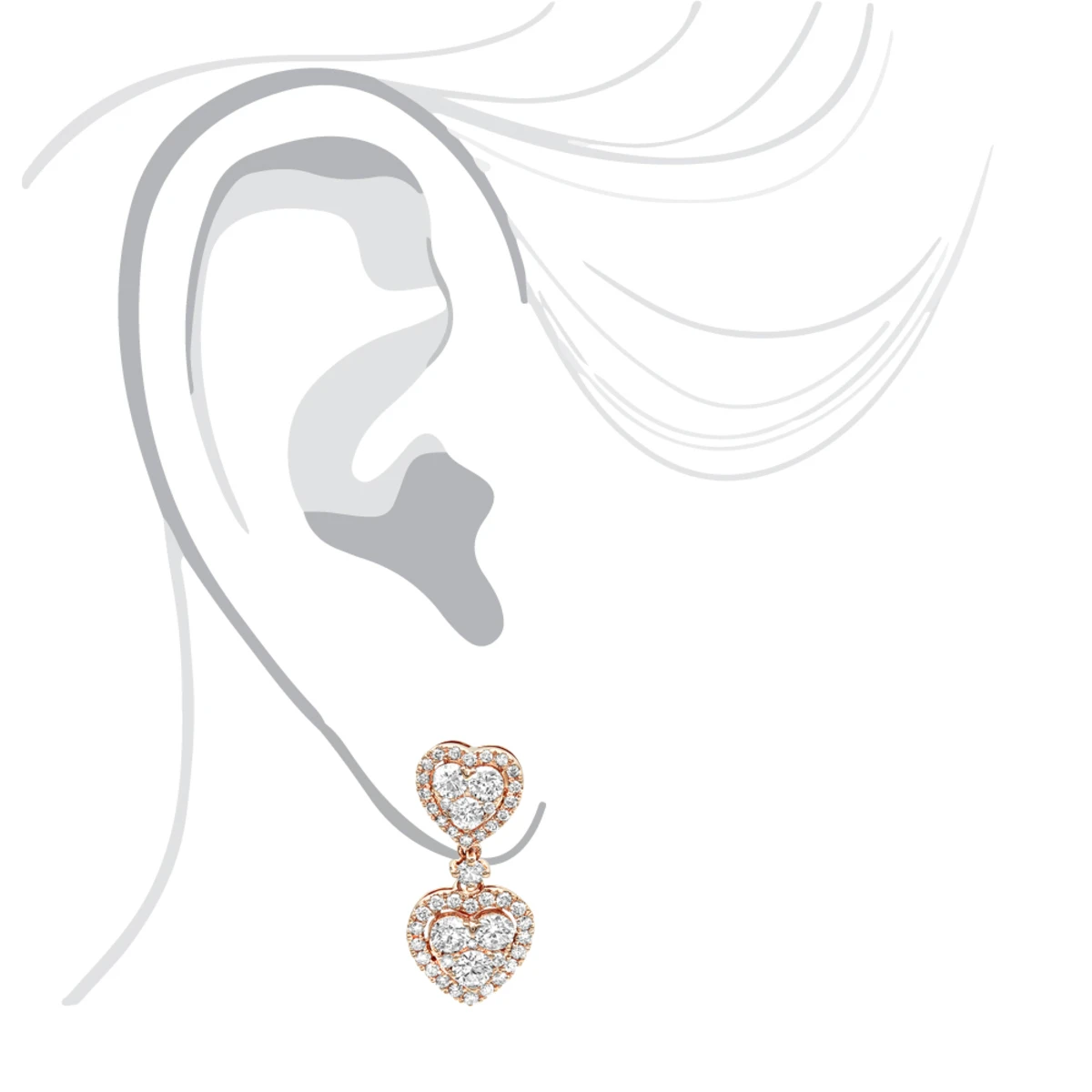 14K Rose Gold Diamond Double Heart Drop Earrings For Women 1.7ct By Luxurman 7 14K Rose Gold Diamond Double Heart Drop Earrings For Women 1.7ct By Luxurman - Image 5