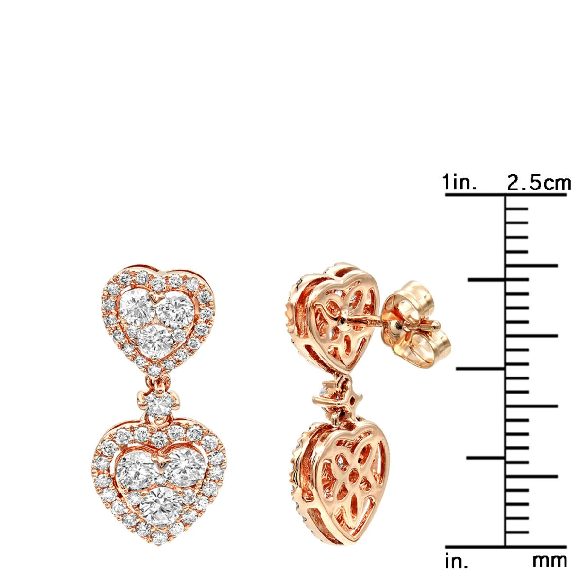 14K Rose Gold Diamond Double Heart Drop Earrings For Women 1.7ct By Luxurman 8 14K Rose Gold Diamond Double Heart Drop Earrings For Women 1.7ct By Luxurman - Image 6