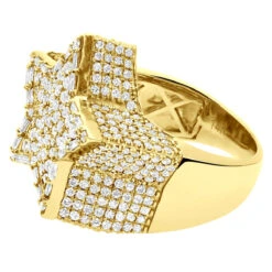 Solid 14K Yellow Gold Pinky Ring For Men Real Diamond Star Ring 4 Carat -H'Hen Sale Store 14k gold five pointed star baguette round diamond pinky ring for men 4ct 803258 back yellow