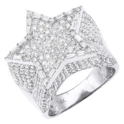 Solid 14K Yellow Gold Pinky Ring For Men Real Diamond Star Ring 4 Carat -H'Hen Sale Store 14k gold five pointed star baguette round diamond pinky ring for men 4ct 803258 white