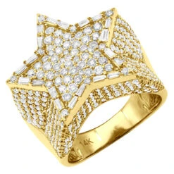Solid 14K Yellow Gold Pinky Ring For Men Real Diamond Star Ring 4 Carat