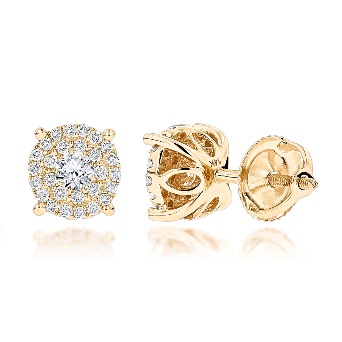 14K Yellow Gold Halo Round Stud Diamond Earrings 0.6ct Clusters 3 14K Yellow Gold Halo Round Stud Diamond Earrings 0.6ct Clusters
