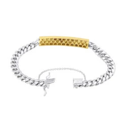 14K Yellow Gold ID Plate Miami Cuban Link Chain Men's Diamond Bracelet 2 Carat -H'Hen Sale Store 14k gold id plate miami cuban link chain mens diamond bracelet 2 carat 000761 backye
