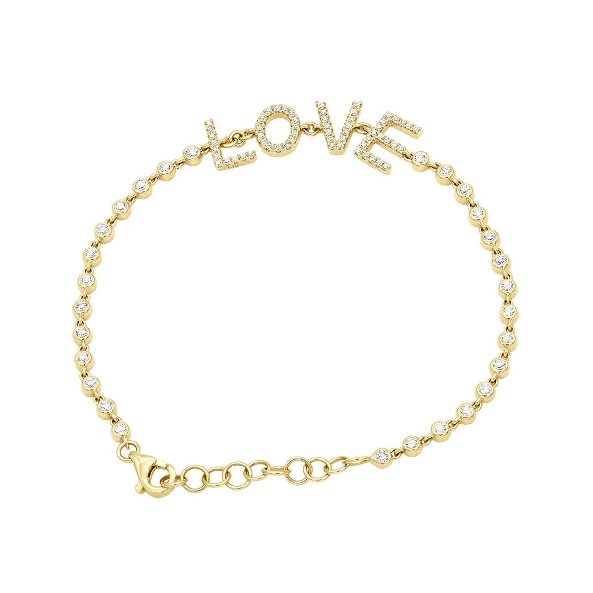 14K Yellow Gold Inline Diamond Tennis Bracelet For Women With LOVE Round Diamonds 0.8ct 3 14K Yellow Gold Inline Diamond Tennis Bracelet For Women With LOVE Round Diamonds 0.8ct