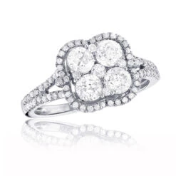 14K White Gold Ladies Diamond Cluster Ring 1.8ct Unique Halo Engagement Ring