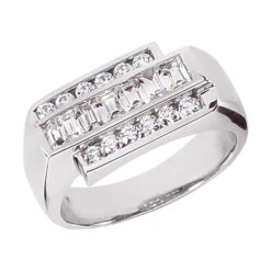 14K White Gold Men's Round & Baguette Diamonds Ring 0.97ct