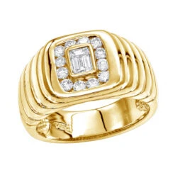 14K Yellow Gold Men's Round & Emerald Diamonds Ring 0.71ct