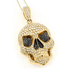 14K Yellow Gold Men's White Black Diamond Skull Pendant 9.17ct