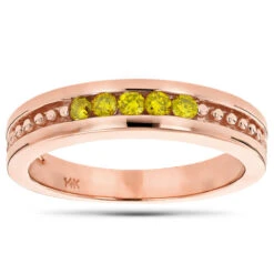 14K Yellow Gold Men's Women's Yellow Diamond Wedding Band 5 Stone Anniversary Ring -H'Hen Sale Store 14k gold mens womens yellow diamond wedding band 5 stone anniversary ring ro