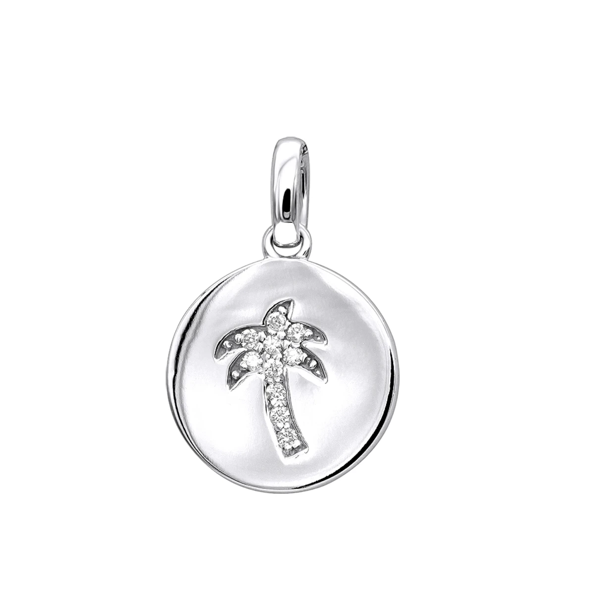 14K White Gold Palm Tree Circle Diamond Pendant 0.1ct Small Charm 3 14K White Gold Palm Tree Circle Diamond Pendant 0.1ct Small Charm