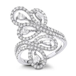 14K White Gold Pear Round Diamond Floral Cocktail Ring For Women By Luxurman