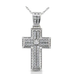 14K White Gold Princess & Round Diamond Cross Necklace 2.24ct