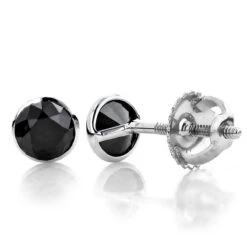 14K White Gold Round Black Diamond Stud Earrings Bezel 0.75ct