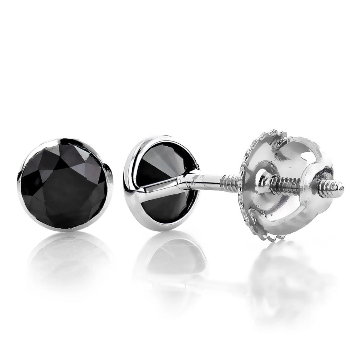 14K White Gold Round Black Diamond Stud Earrings Bezel 1/2ct 3 14K White Gold Round Black Diamond Stud Earrings Bezel 1/2ct
