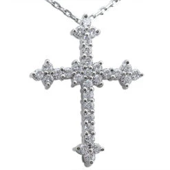 14K White Gold Round Diamond Cross Necklace 0.45ct