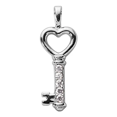 14K White Gold Round Diamond Heart Key Pendant 0.25ct 3 14K White Gold Round Diamond Heart Key Pendant 0.25ct