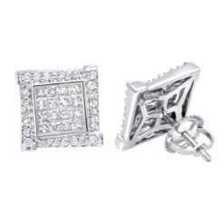 14K White Gold 1 Carat Round & Princess Cut Diamond Earrings Square Studs Men's Or Women's