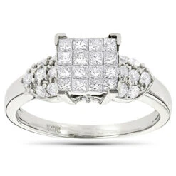 14K White Gold Round & Princess Diamond Engagement Ring 0.90