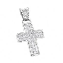 Unique 14K White Gold Small Diamond Cross Pendant 1.1ct Princess Cut Diamonds