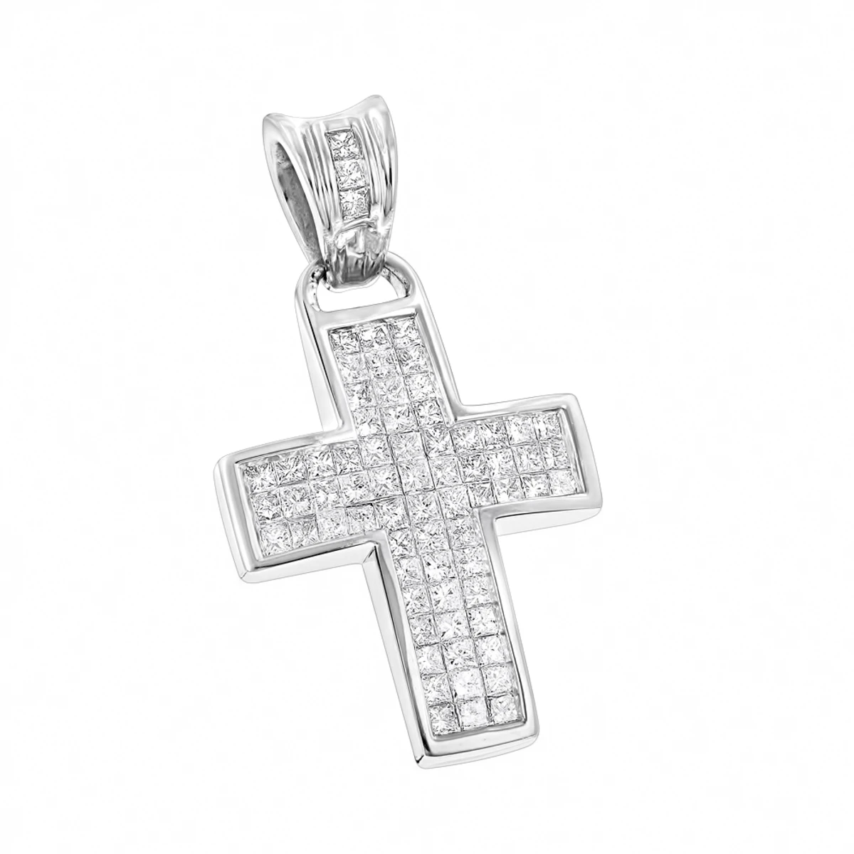 Unique 14K White Gold Small Diamond Cross Pendant 1.1ct Princess Cut Diamonds 3 Unique 14K White Gold Small Diamond Cross Pendant 1.1ct Princess Cut Diamonds